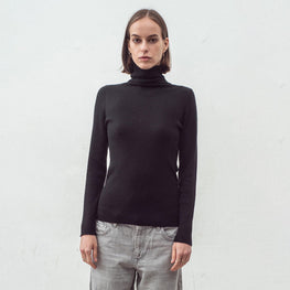 Women 072 Cashmere Blend Skinny Rib Polo - Black