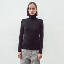 Women 072 Cashmere Blend Skinny Rib Polo - Black