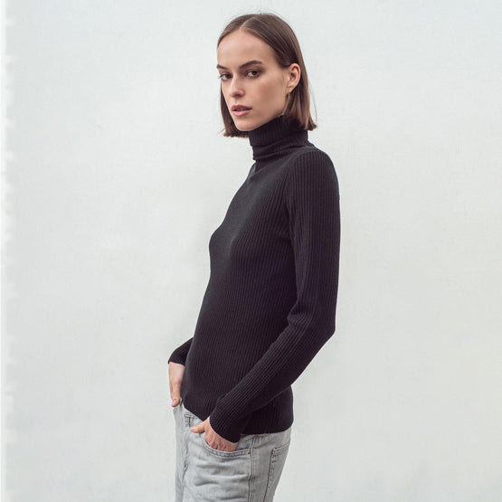 Women 072 Cashmere Blend Skinny Rib Polo - Black