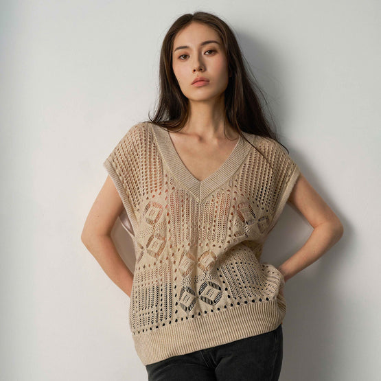 Women N.263 Open Knit V-Neck - Gold Foil