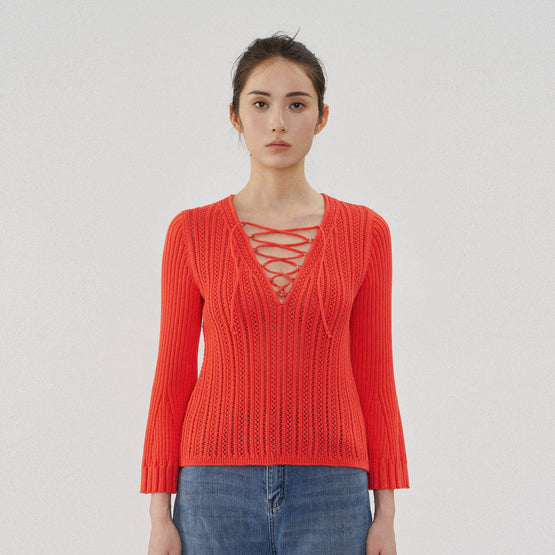 Women N.300 Lace Front Flared Sleeve Top - Fire
