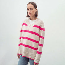 Women N.327 Multi Stripe V Neck - Pink Flash