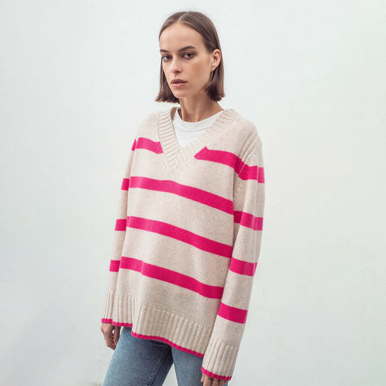 Women N.327 Multi Stripe V Neck - Pink Flash