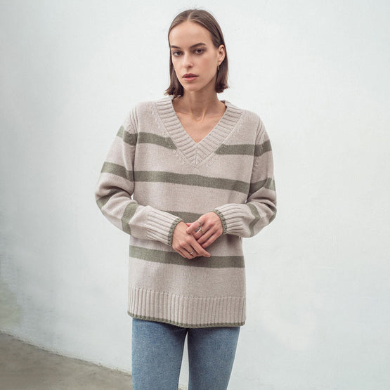 Women N.327 Multi Stripe V Neck - Woodland