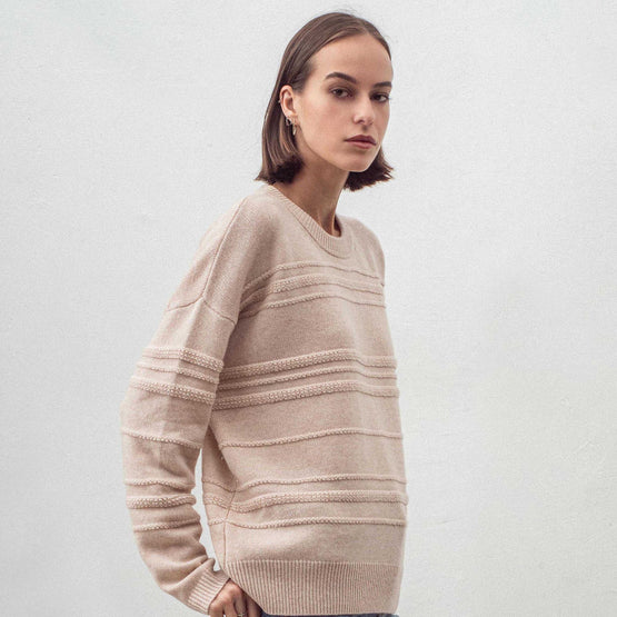 Women Cashmere Blend Loopy Oversized Crew Neck - Shell Beige
