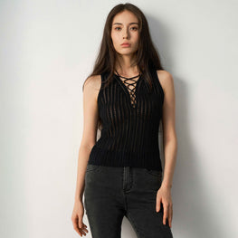 Women N.322 Lace Front Top - Black