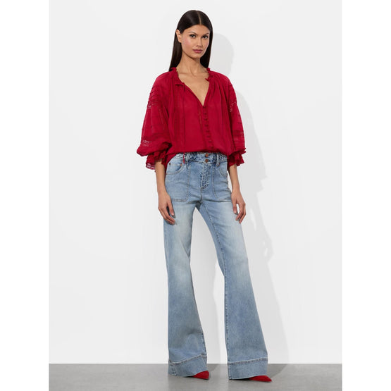Women Josephine Split Neck Blsn Ruffle Sleeve Blouse - Red [價格已含稅]