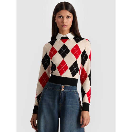 Women Carolann Argyle Pullover Woven Collar - Red, Black, Tan, Multi [價格已含稅]