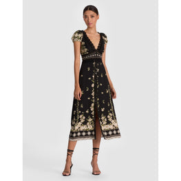 Women Rose Deep V Lace Dtl Midi Dress - Black, Tan [價格已含稅]