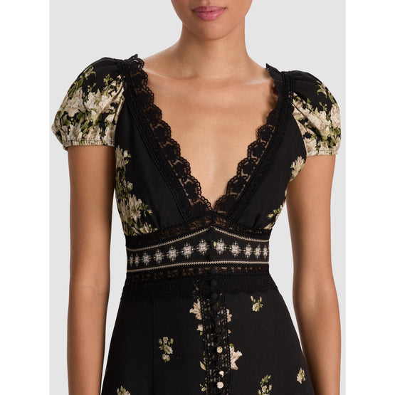 Women Rose Deep V Lace Dtl Midi Dress - Black, Tan [價格已含稅]