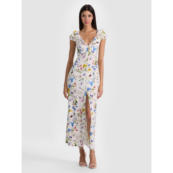 Women Tara Ss Ruffle Ft Deep V Seamed Slip Dress With Slit - White, Multi [價格已含稅]