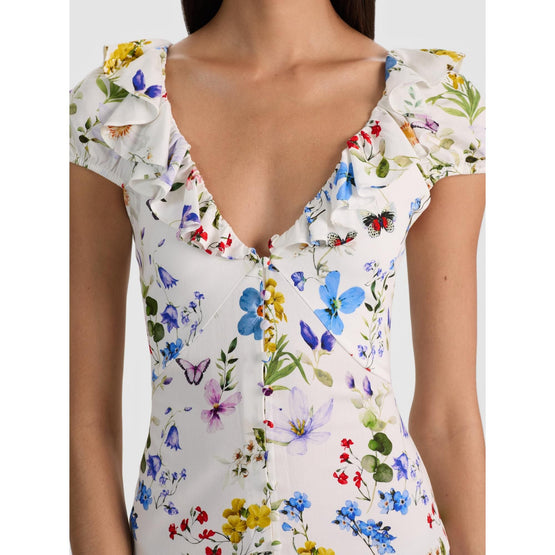 Women Tara Ss Ruffle Ft Deep V Seamed Slip Dress With Slit - White, Multi [價格已含稅]
