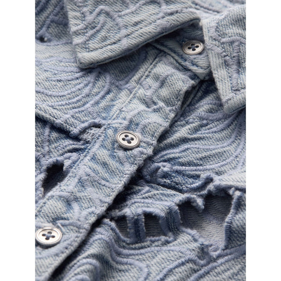 Women Finely Embr Eyelet Cropped Ovsd Denim Btn Dwn Shirt - Blue [價格已含稅]