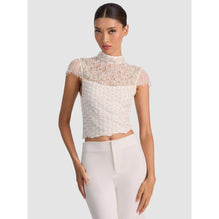 Women Pria Embell Mock Neck Cropped Top - White [價格已含稅]
