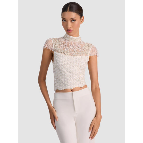 Women Pria Embell Mock Neck Cropped Top - White [價格已含稅]